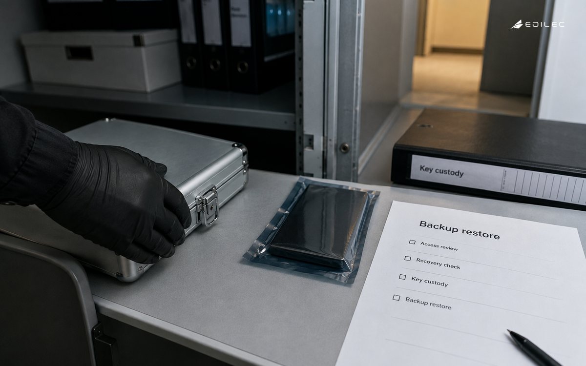 An unbranded removable backup drive in a clear antistatic sleeve rests beside a printed restoration checklist.