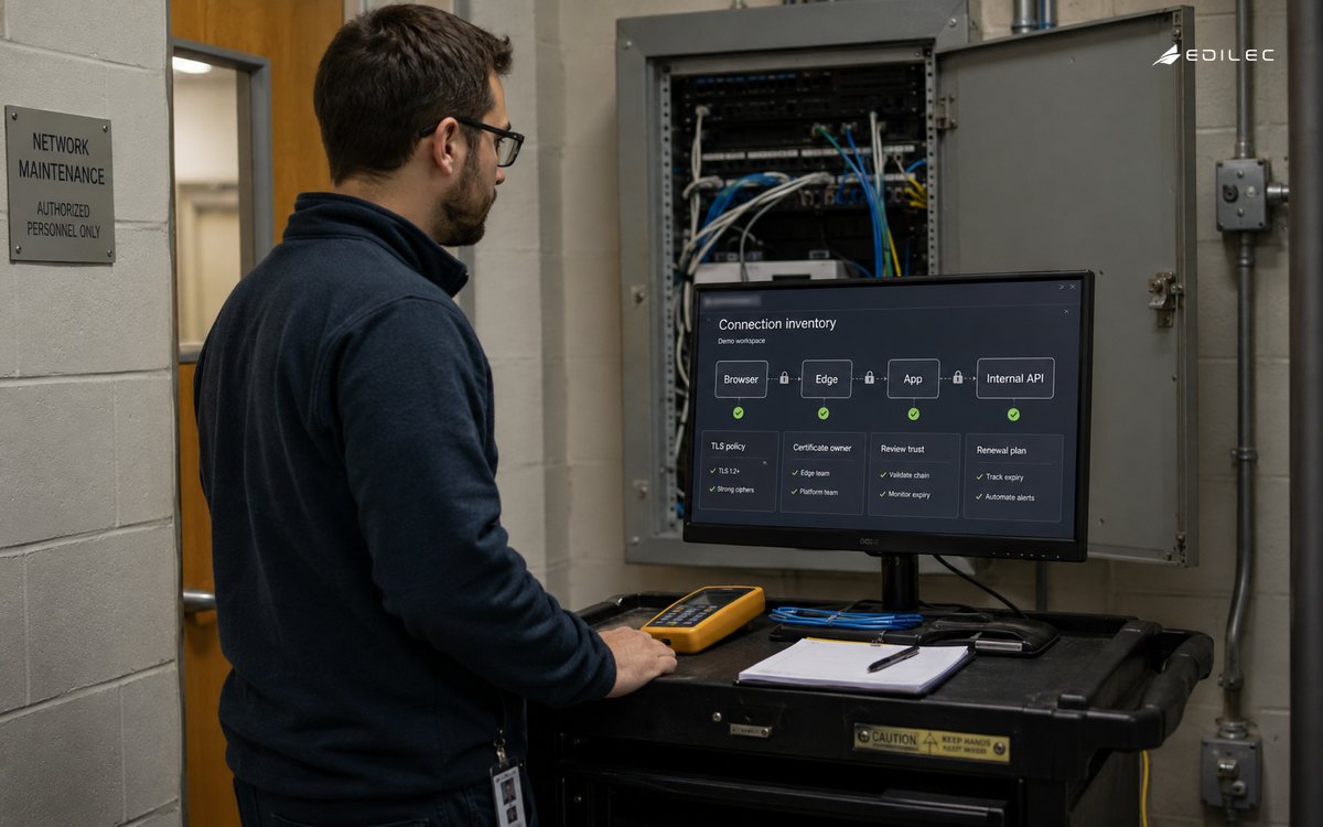 A network technician reviews separate encrypted service connections and certificate ownership.