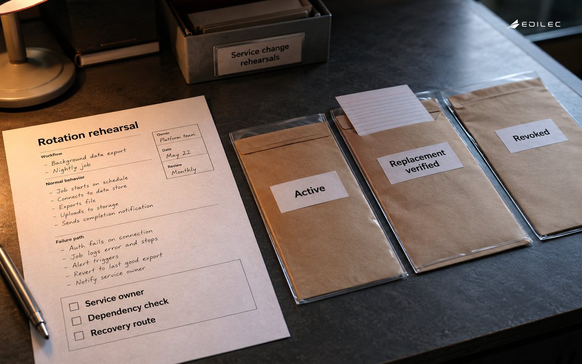 A credential-rotation rehearsal links active, verified replacement and revoked states with ownership.