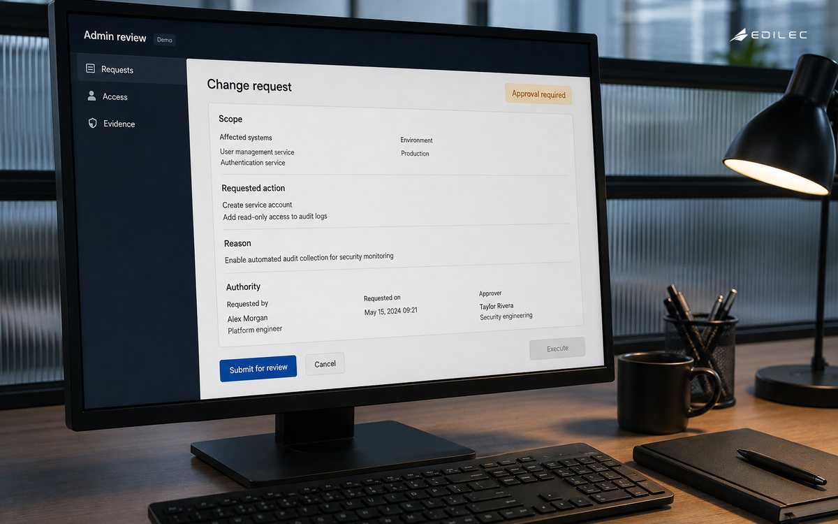 A physical monitor shows a privileged change request awaiting approval.