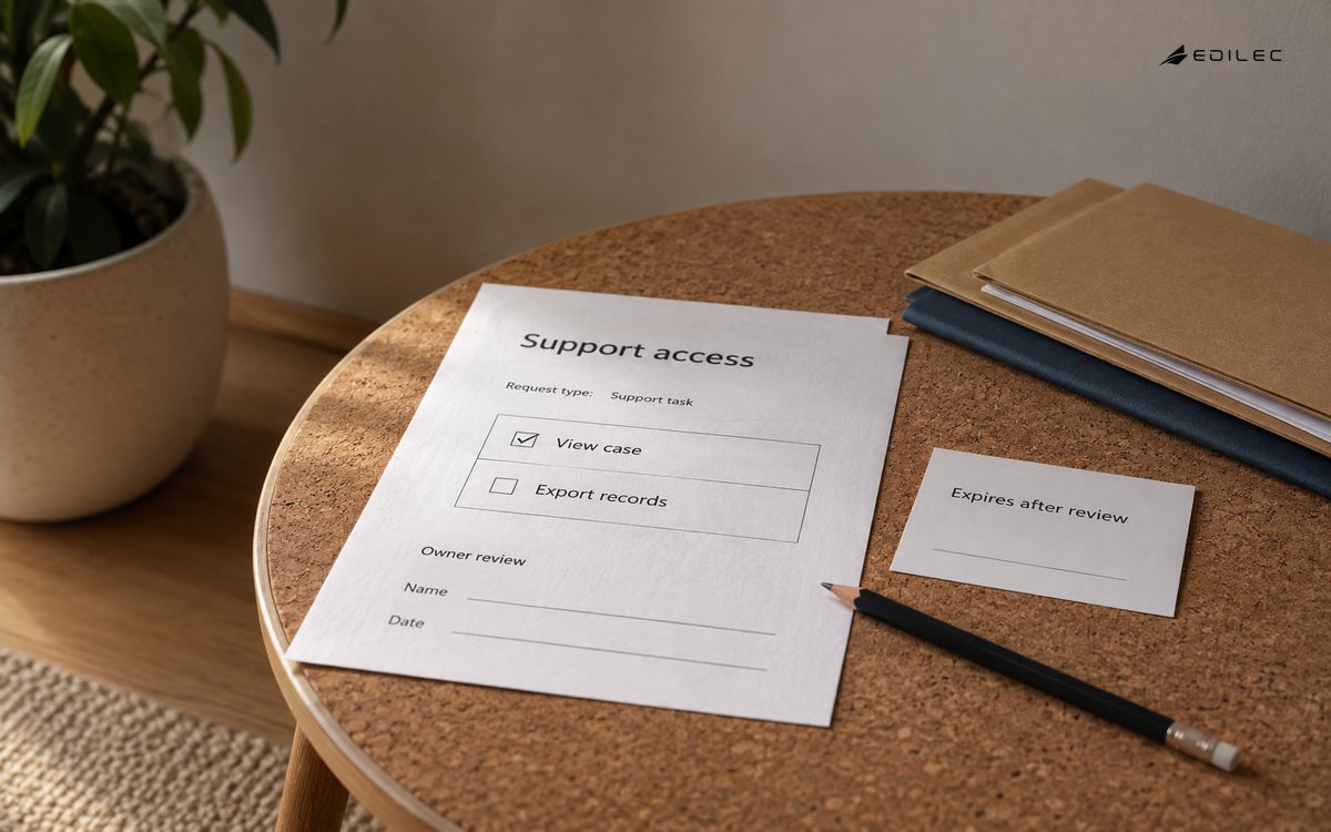 A support-access request permits viewing a case while leaving record export unchecked.