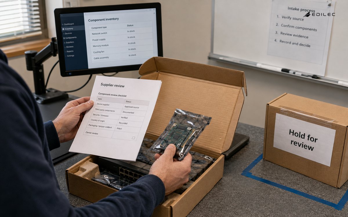 A technician compares a supplied component with its review checklist beside equipment held for review.