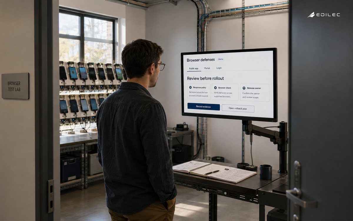 An engineer reviews browser defenses in a small testing lab with physical device shelves.