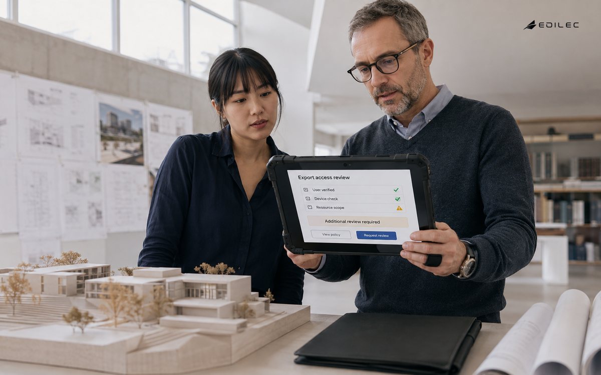 Architect and collaborator reviewing scoped export access and device context on a supported tablet.