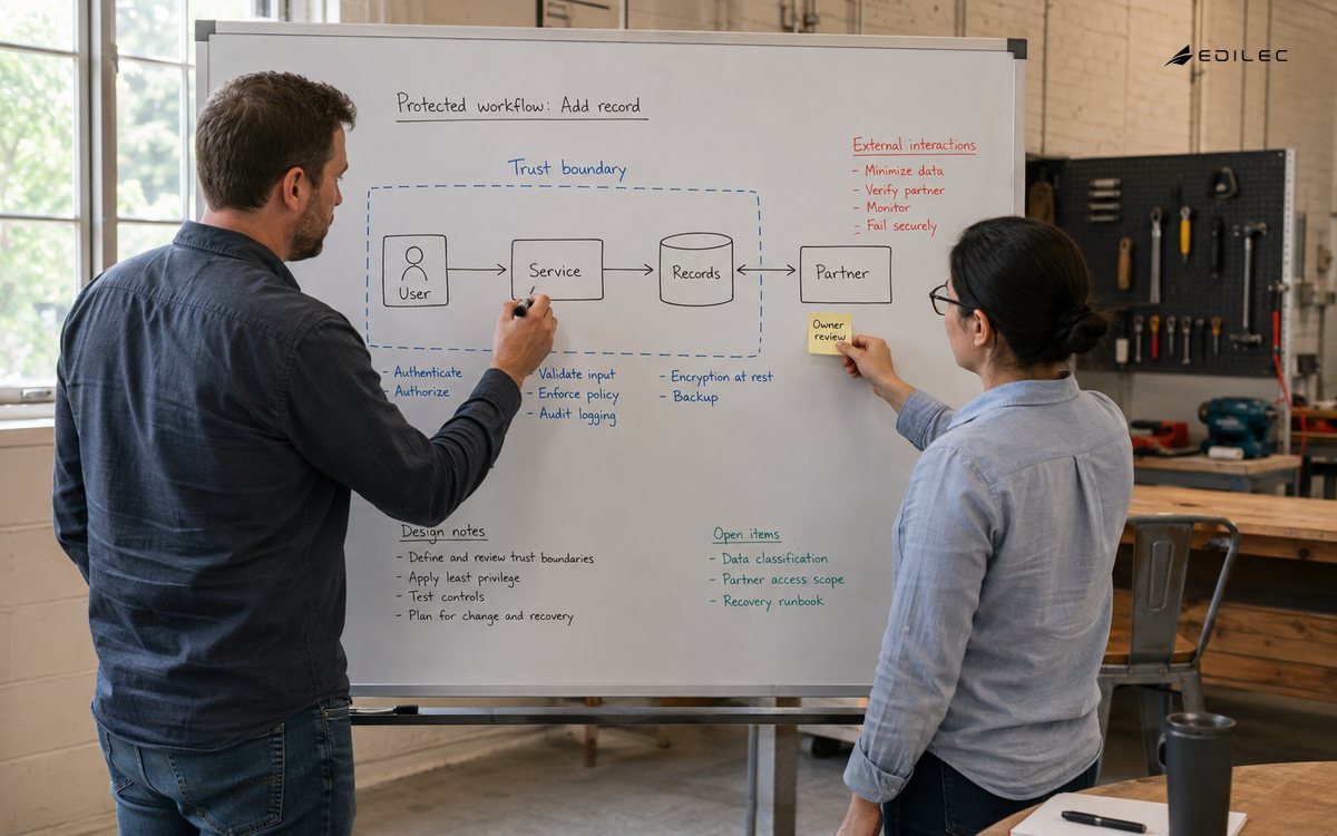 Standing colleagues mark a trust boundary and an owner-review note on a feature diagram.