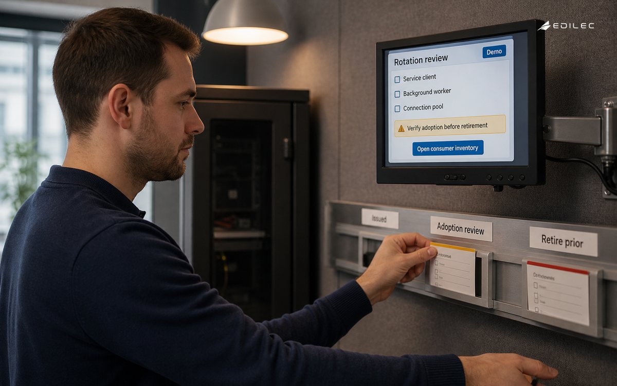 Standing engineer moves a credential-lifecycle review card beside a consumer-check screen.