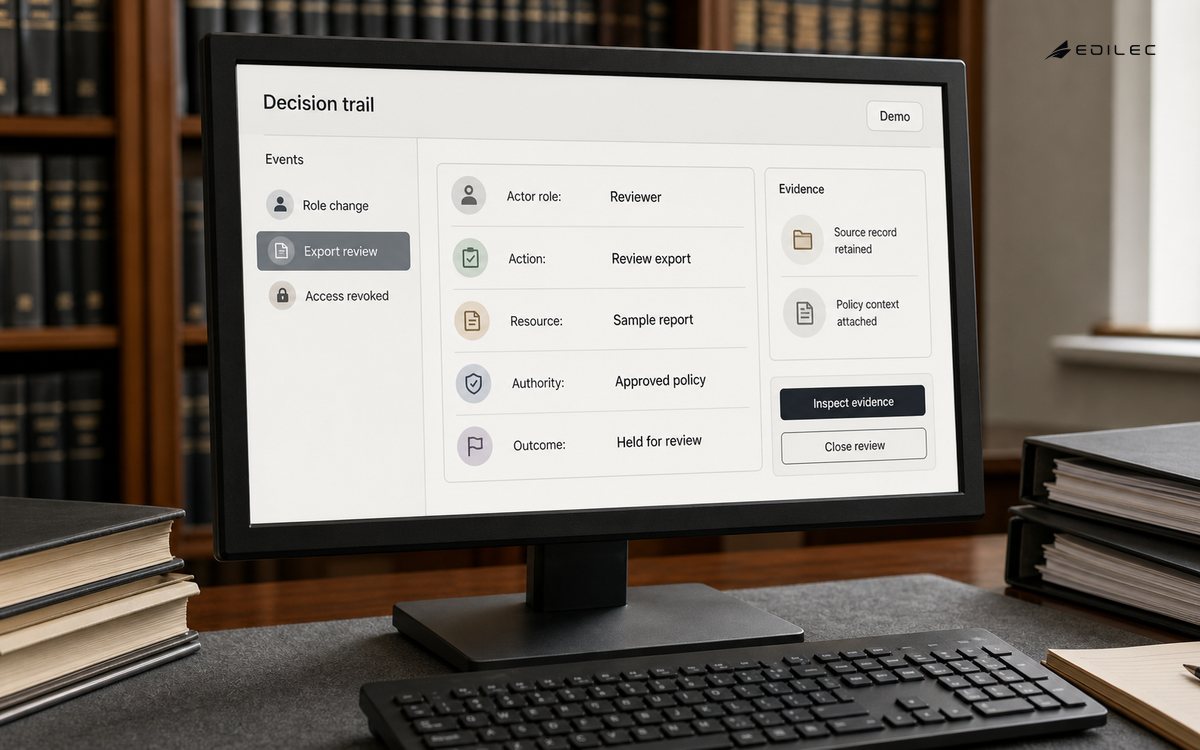 An event inspector on an opaque monitor groups an audit decision with its authority and supporting evidence.