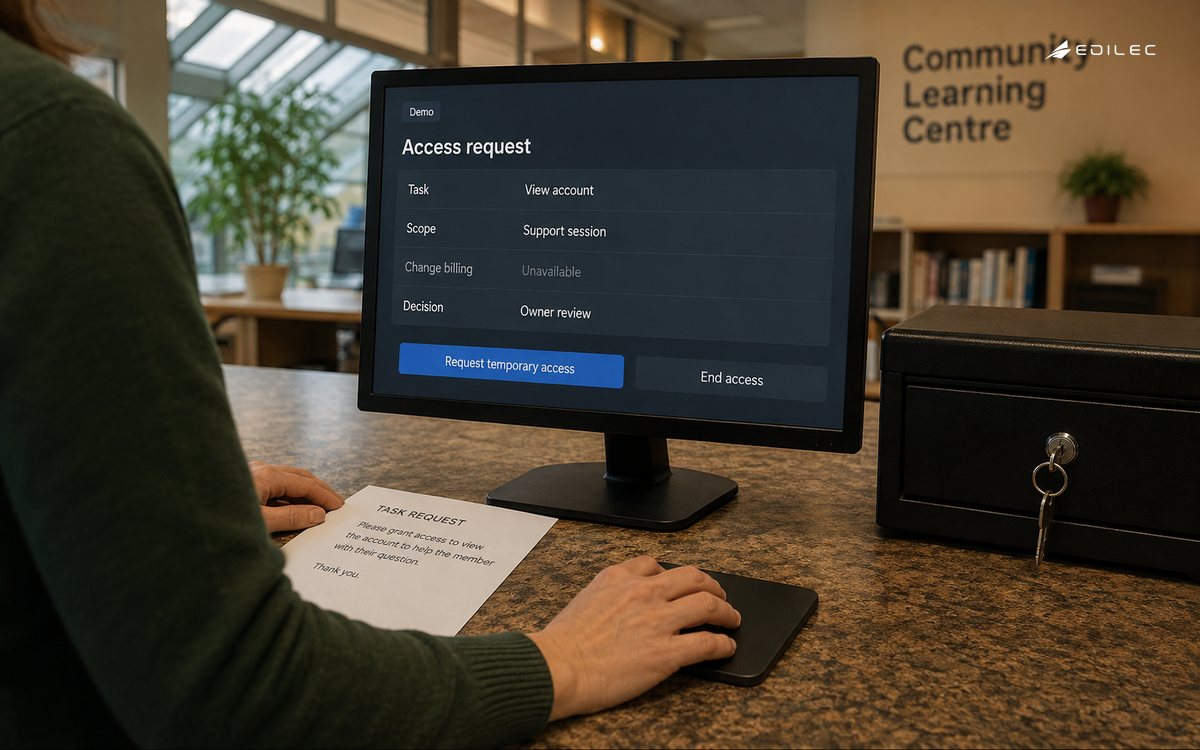 A standing support specialist requests bounded account-view access at a service counter.