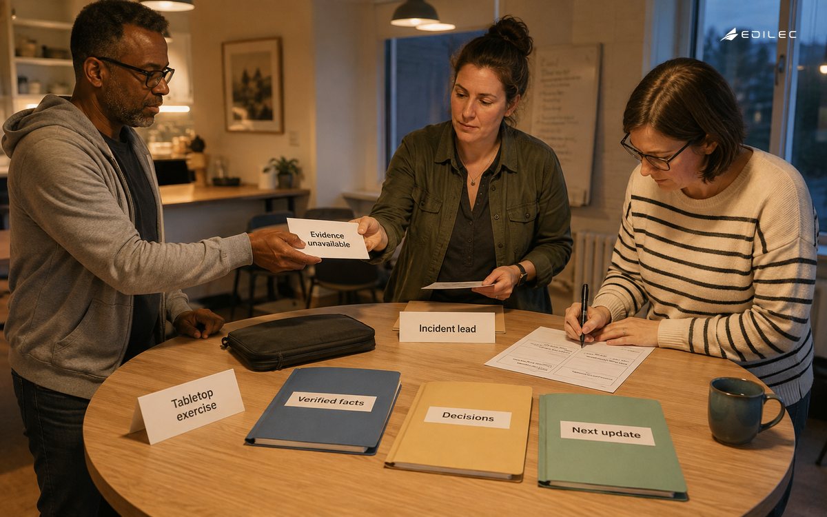 Standing colleagues passing an evidence-unavailable card during an incident tabletop exercise with role and decision folders.