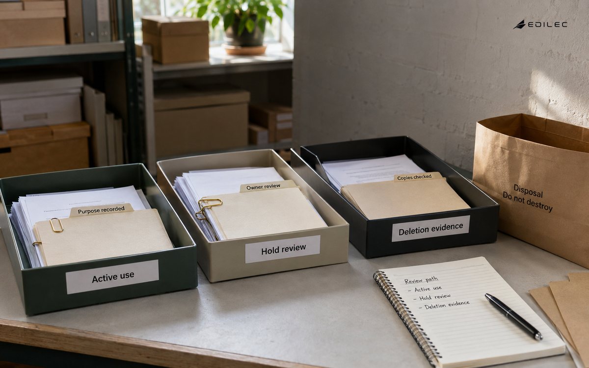 Document trays separate active records, hold review, and deletion evidence.