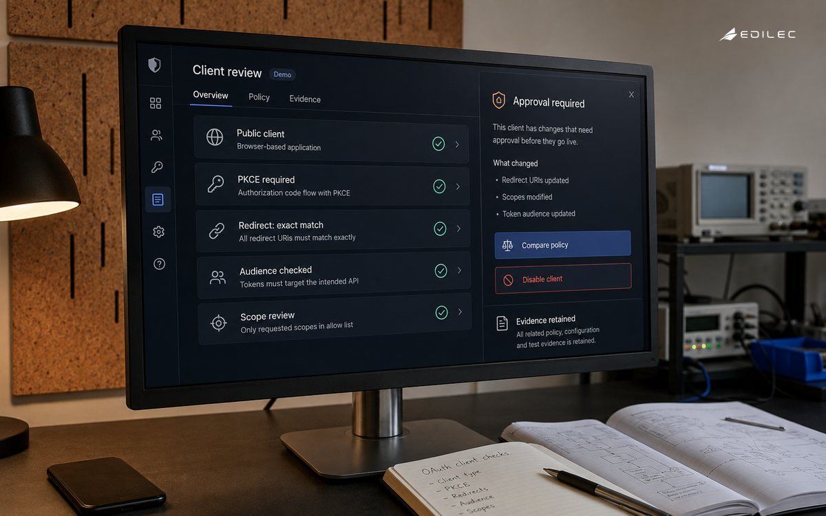 An opaque desktop monitor shows a fictional OAuth client policy and evidence review.