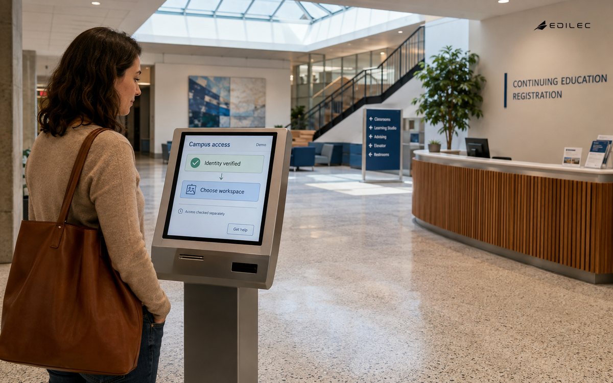 A learner stands at a campus kiosk showing identity verification followed by a separate workspace access step.