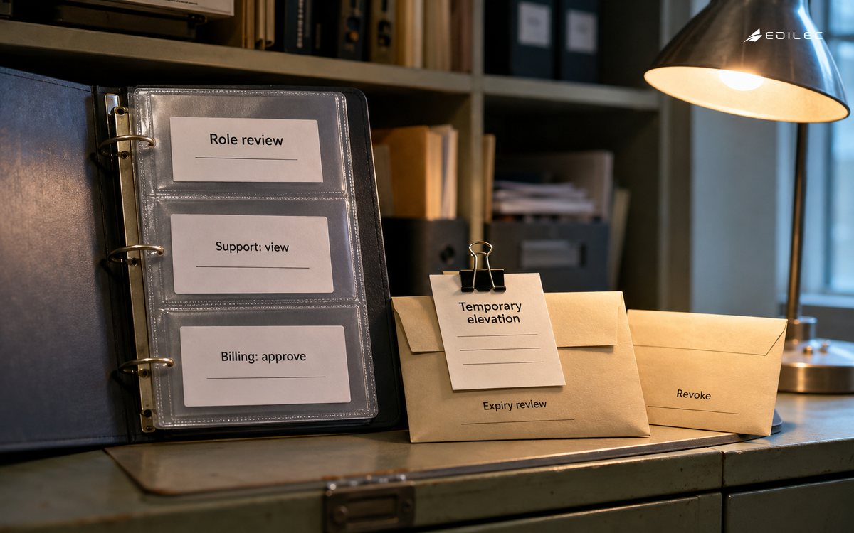 A role-review binder separates routine permissions from a temporary-elevation expiry and revocation packet.