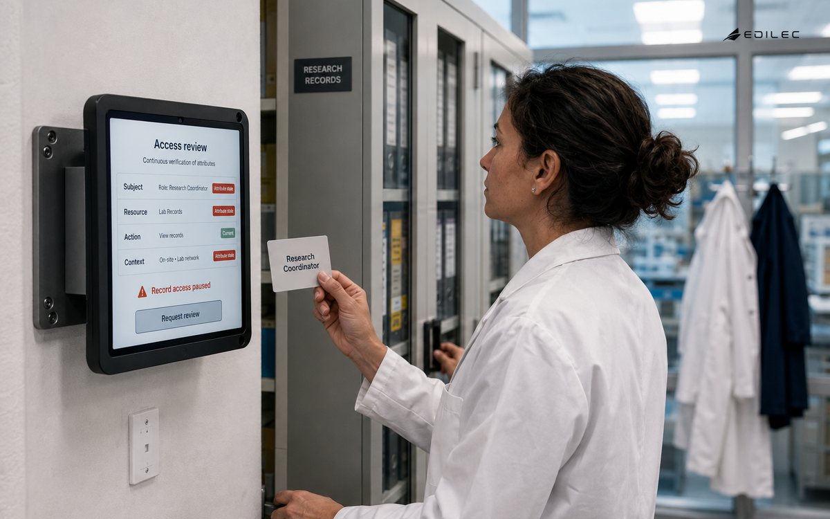 A laboratory coordinator reviews a stale-attribute access decision on a small mounted tablet beside records storage.
