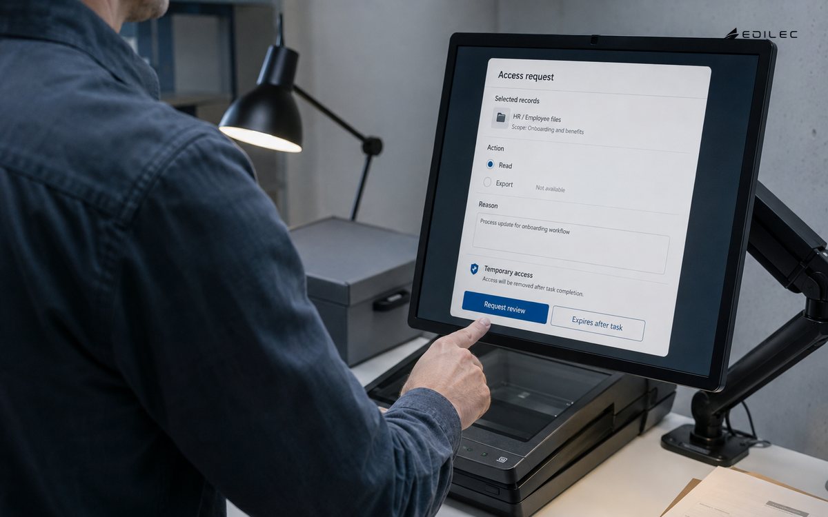 A standing operator requests temporary read access to selected records at a digitization station.