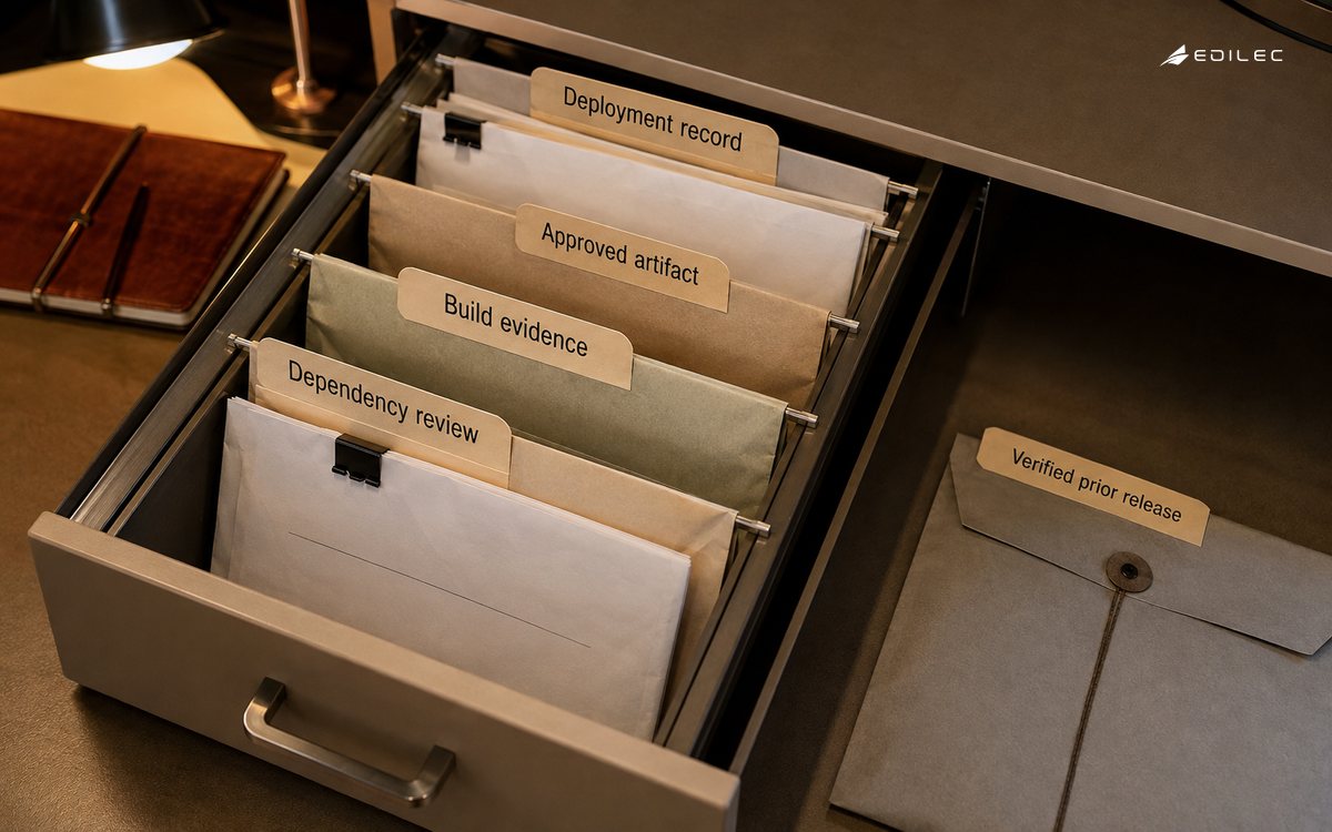 Linked dependency, build and deployment evidence packets with a prior verified release retained separately.