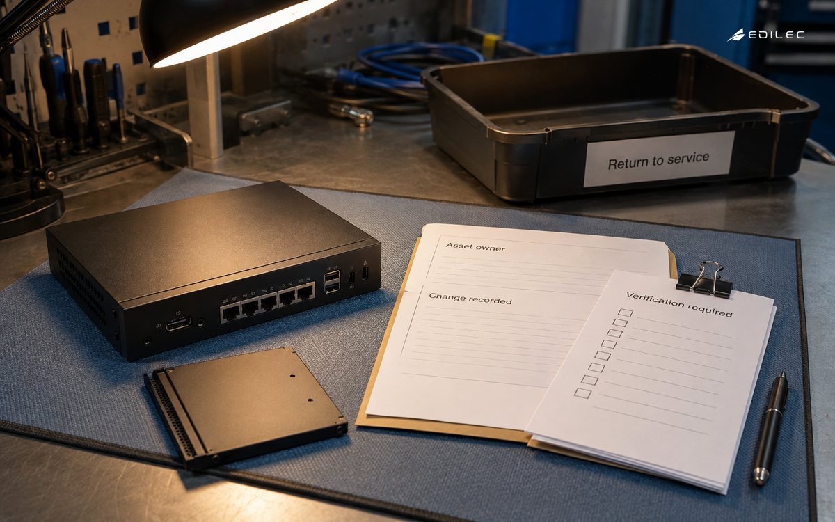 A powered-off appliance sits beside a change record and a separate verification checklist.