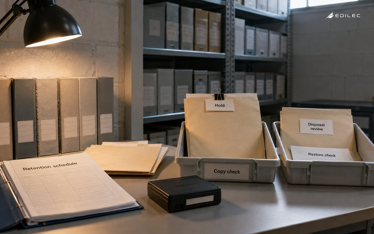 A retention schedule and backup case sit beside separate hold and disposal-review trays.