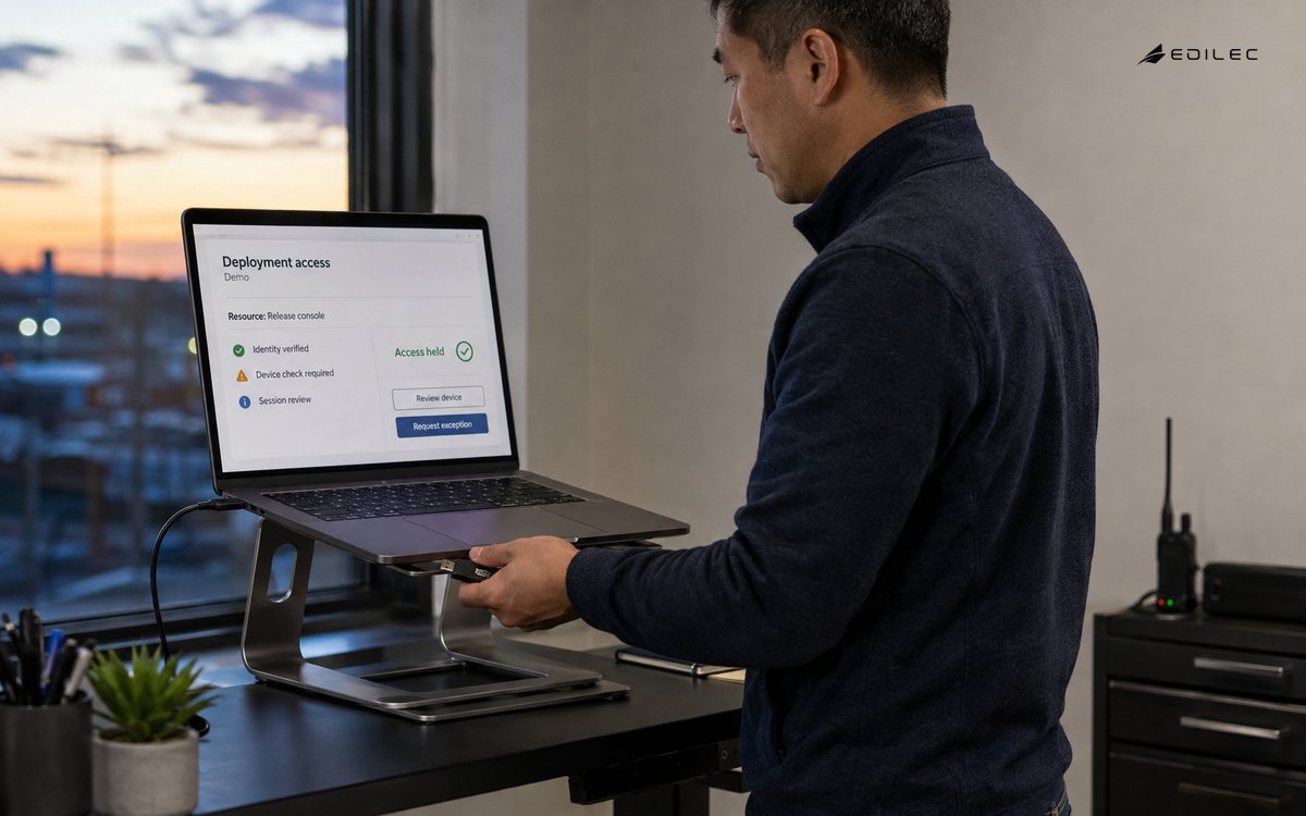 A standing engineer holds a security key beside a laptop showing a deployment request held for device review.