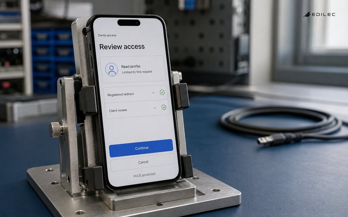 A smartphone in a metal test fixture displays a fictional limited-profile access consent screen.