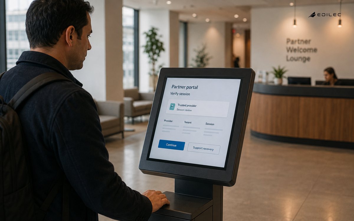 A visitor reviews a fictional partner-portal session screen on a freestanding welcome-lounge kiosk.