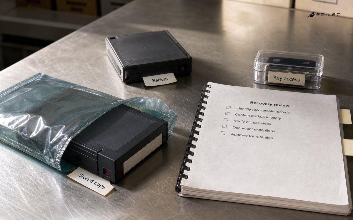 Storage and backup cartridges sit beside a recovery checklist and a separate token case.