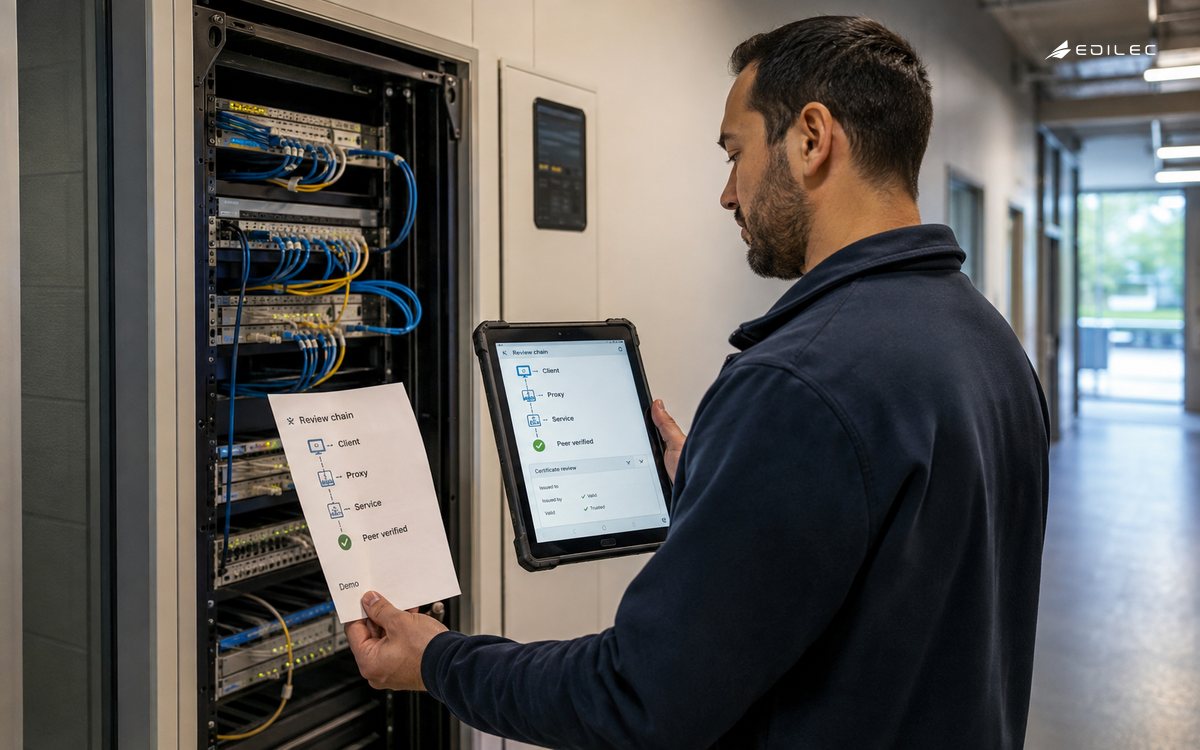 A technician checks a connection-boundary checklist and tablet beside a campus network cabinet.