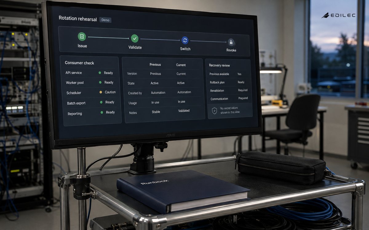 A mounted monitor displays a rotation rehearsal and consumer readiness review in an integration lab.