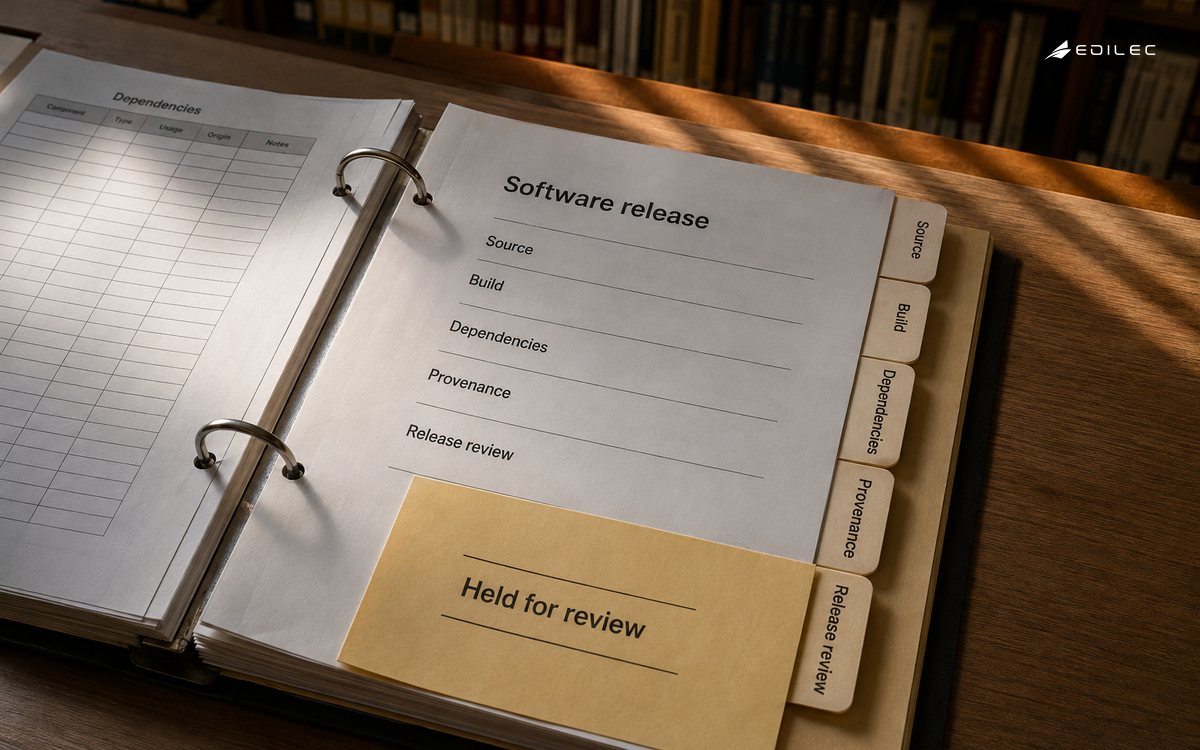 A tabbed software-release evidence packet links source, build, dependencies and provenance to a held review slip.