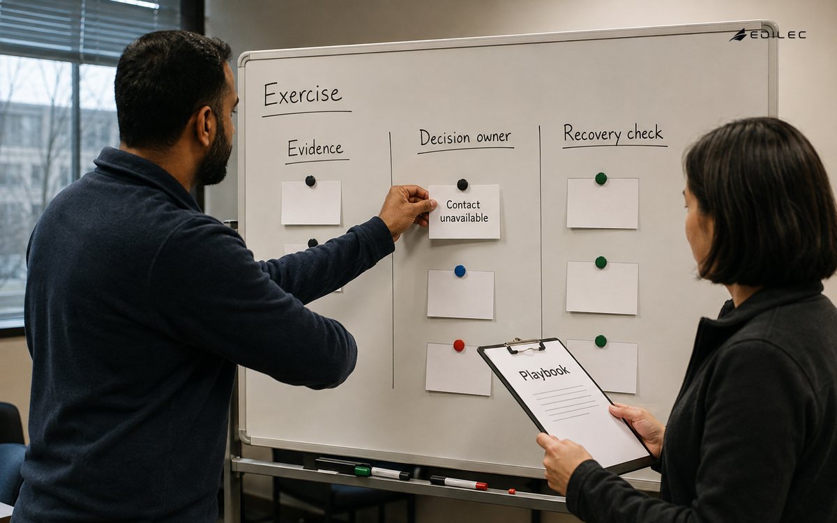 Standing colleagues move a scenario card on an incident rehearsal board while consulting a playbook.