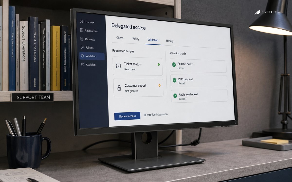 A monitor shows a delegated-access review with ticket-status access and customer export withheld.