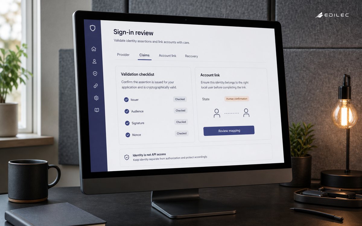 A manufactured display shows sign-in validation and a separate account-link confirmation.