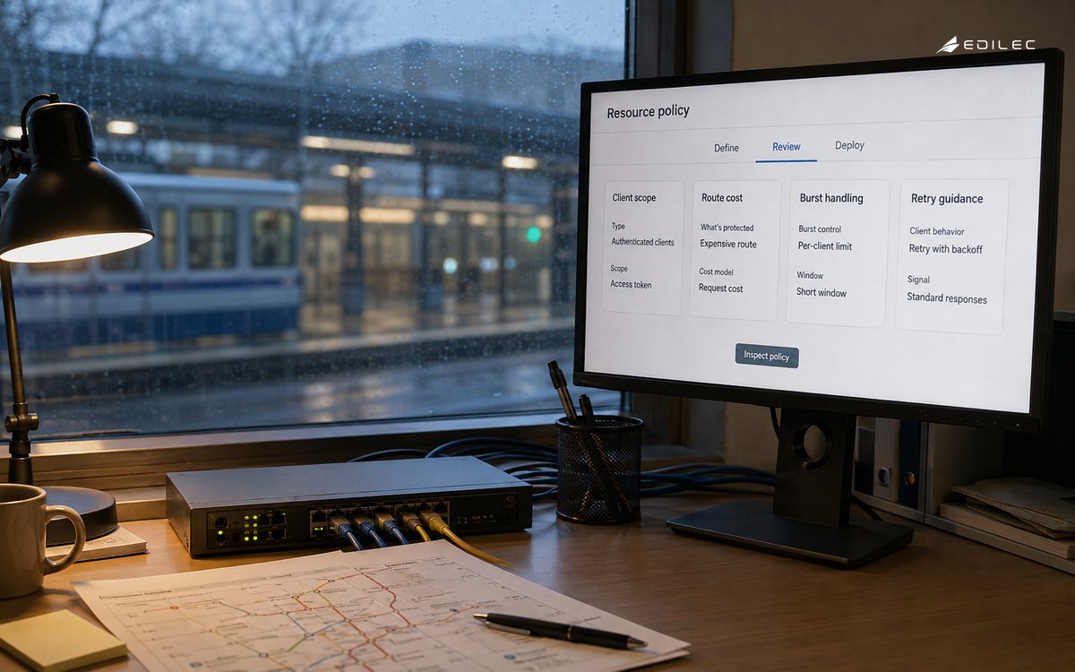 Service operations office with a compact network appliance and a screen reviewing API resource policies.