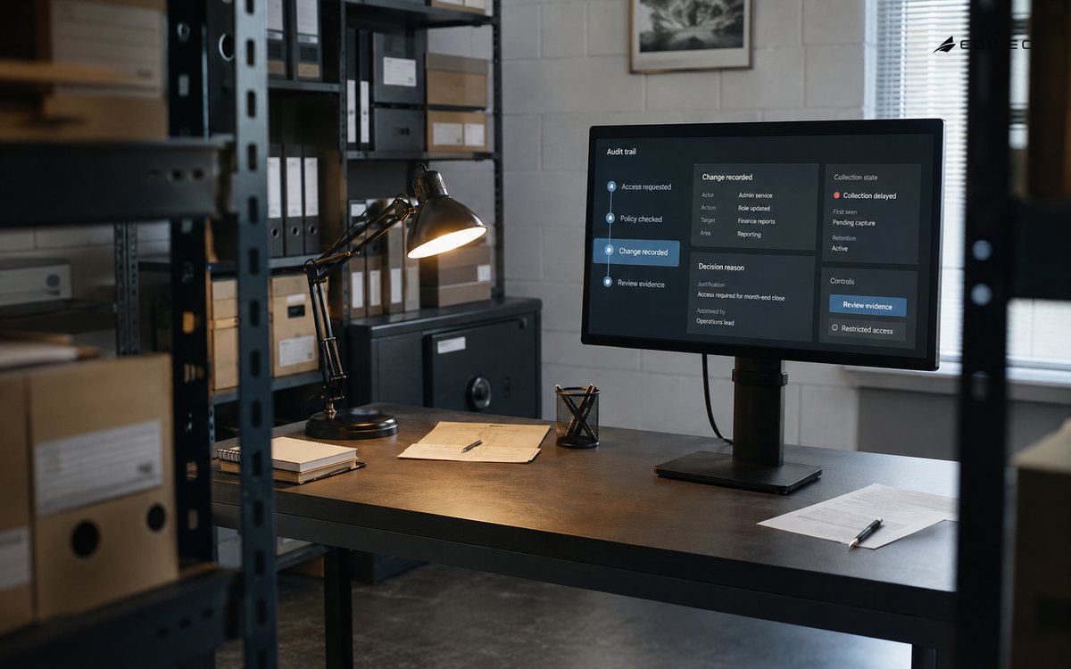 An audit timeline appears on a monitor in a quiet records-review room.