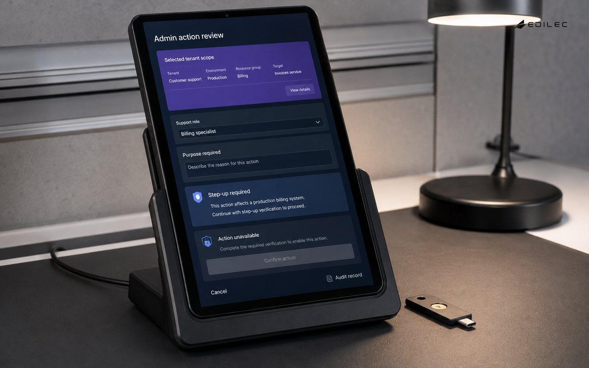 A docked tablet shows a tenant-scoped admin action held for purpose and step-up verification.