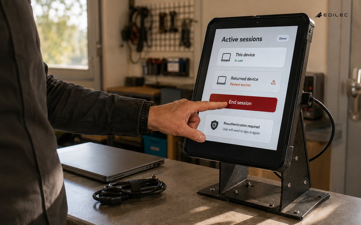 A standing technician ends a device session at an equipment-return counter.