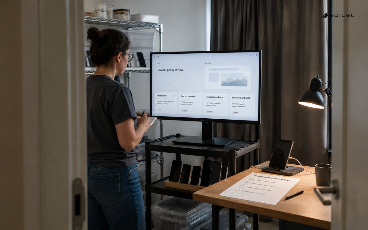 A quality engineer reviews browser-policy observations in a device compatibility workshop.