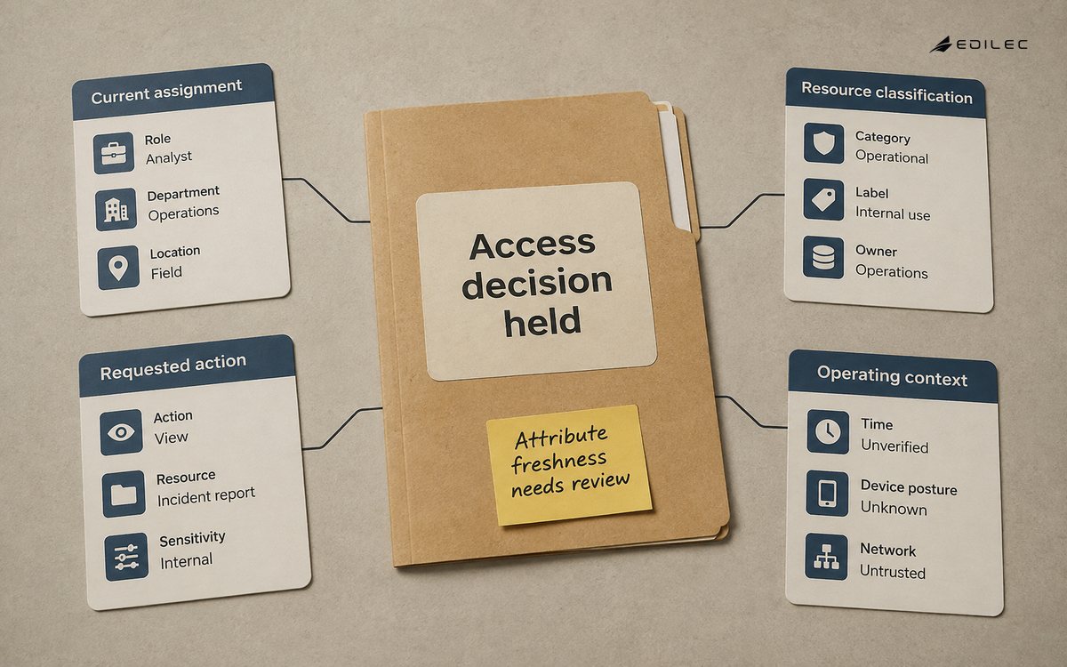 Attribute cards surround a held access decision with a freshness review note.