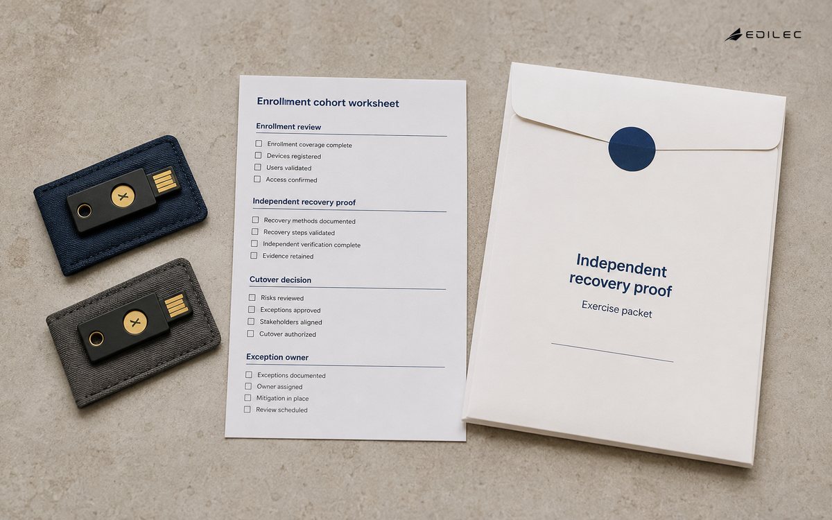 Security keys sit beside enrollment and recovery review materials for an MFA cutover.