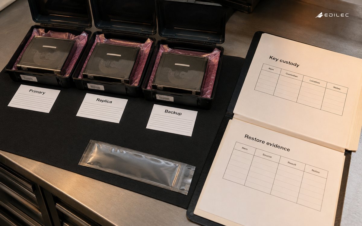 Backup cartridges sit beside copy-inventory cards and a restore-evidence folder.