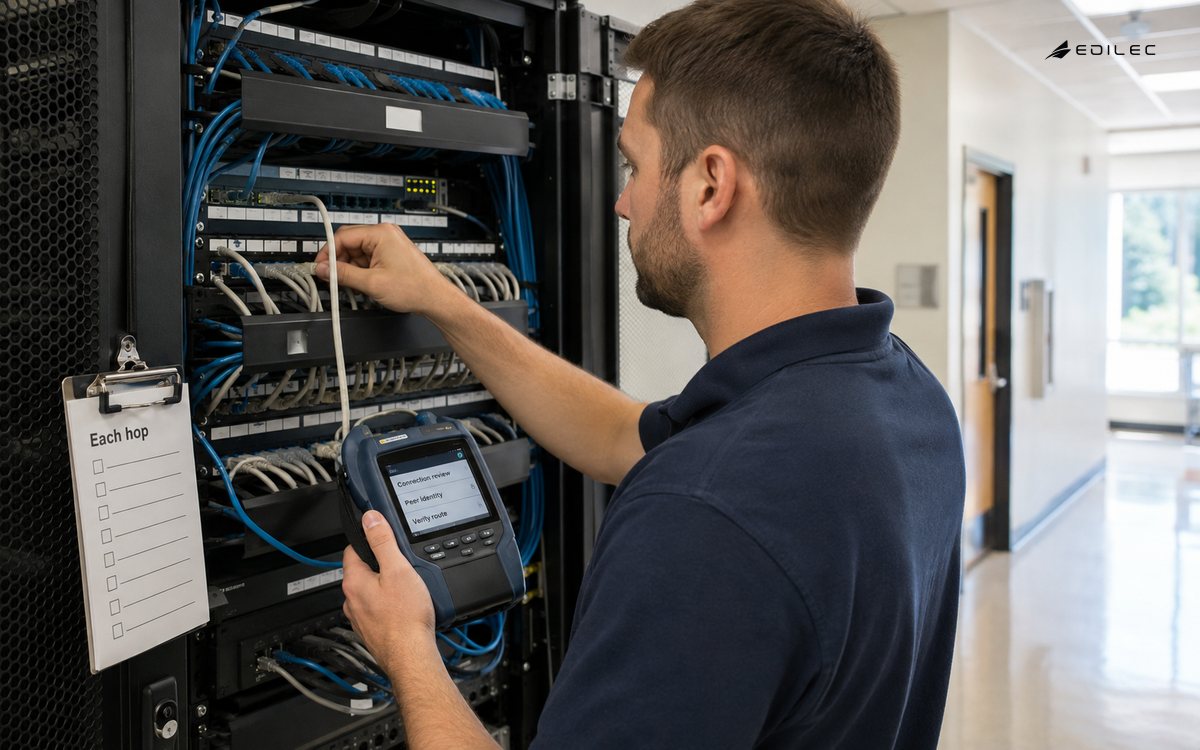 A technician checks a mounted network connection with a handheld review device.