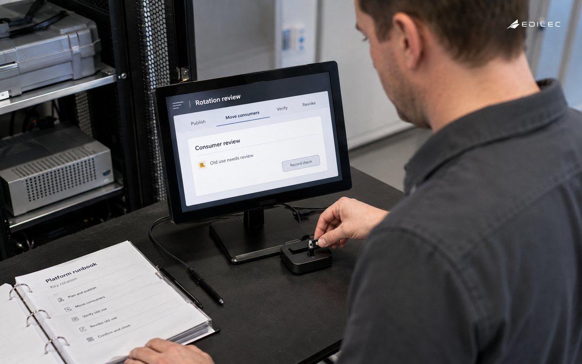 An administrator authenticates at a workstation showing a secrets-rotation review.