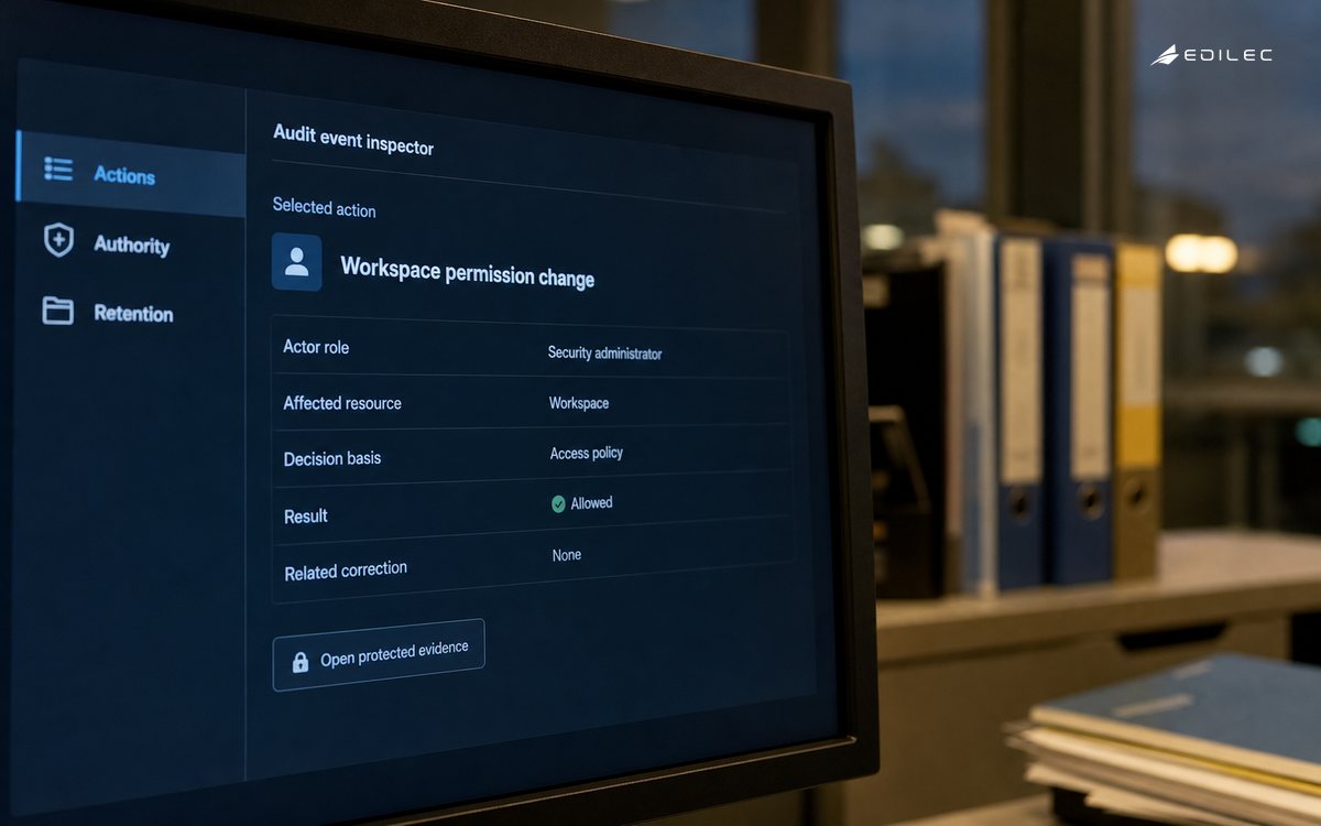 An audit inspector links a permission change to its authority and result.