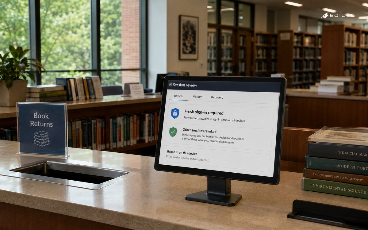 A library counter terminal shows a fresh sign-in request beside returned books.