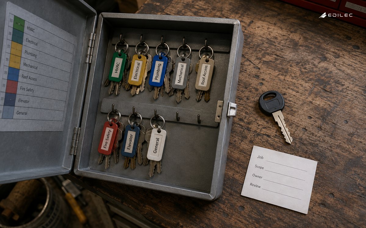 A selected service key and scoped access card illustrate access limited to the current job.