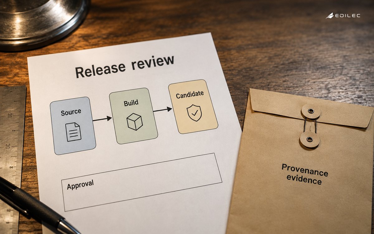 Macro angled editorial photograph of a software release review packet on a technical publishing worktable.