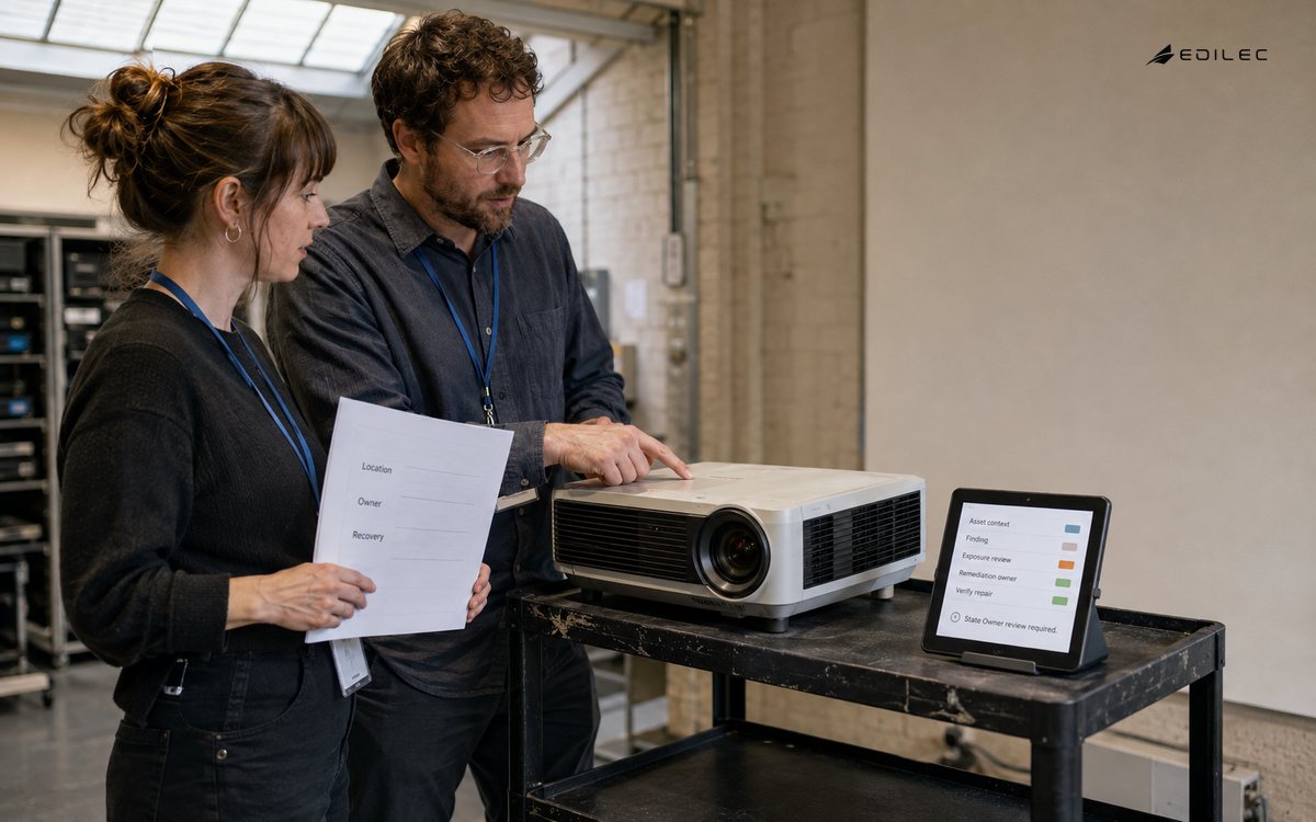 Standing staff connect a projector asset record to a remediation owner review.