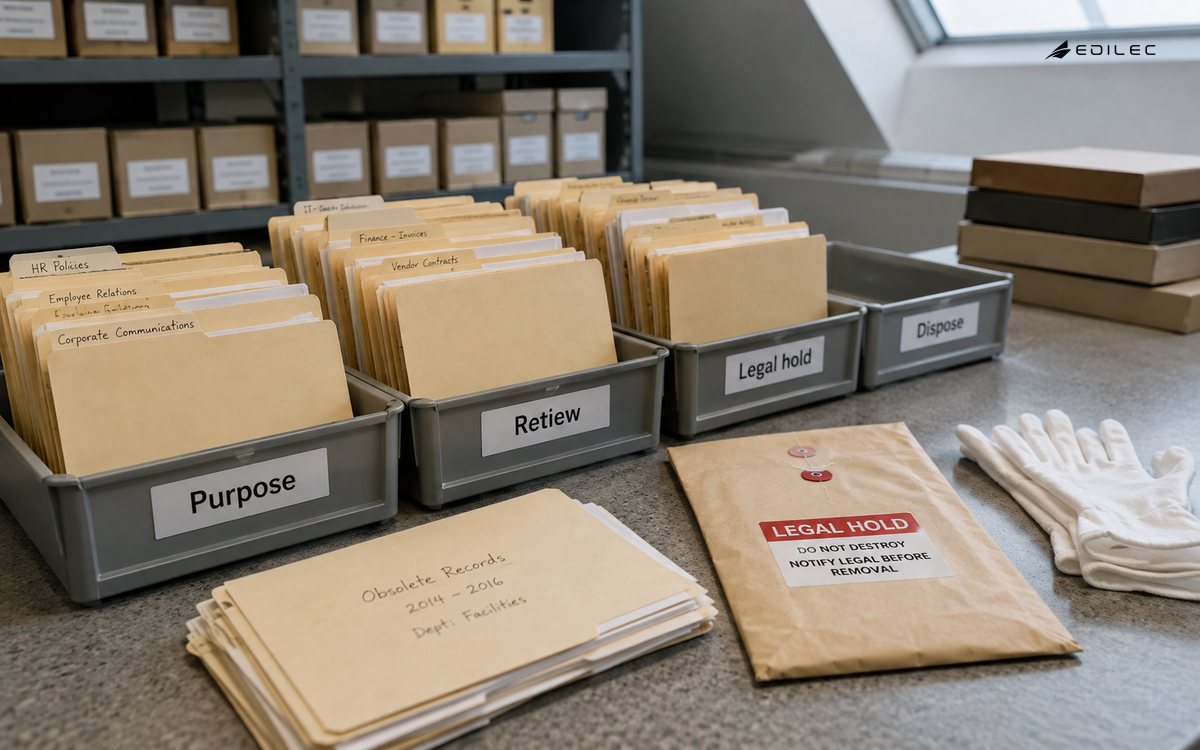 Tactile oblique close photograph of archive folders being sorted into orderly review trays on a records room counter, sealed hold folder set aside, cotton gloves nearby.