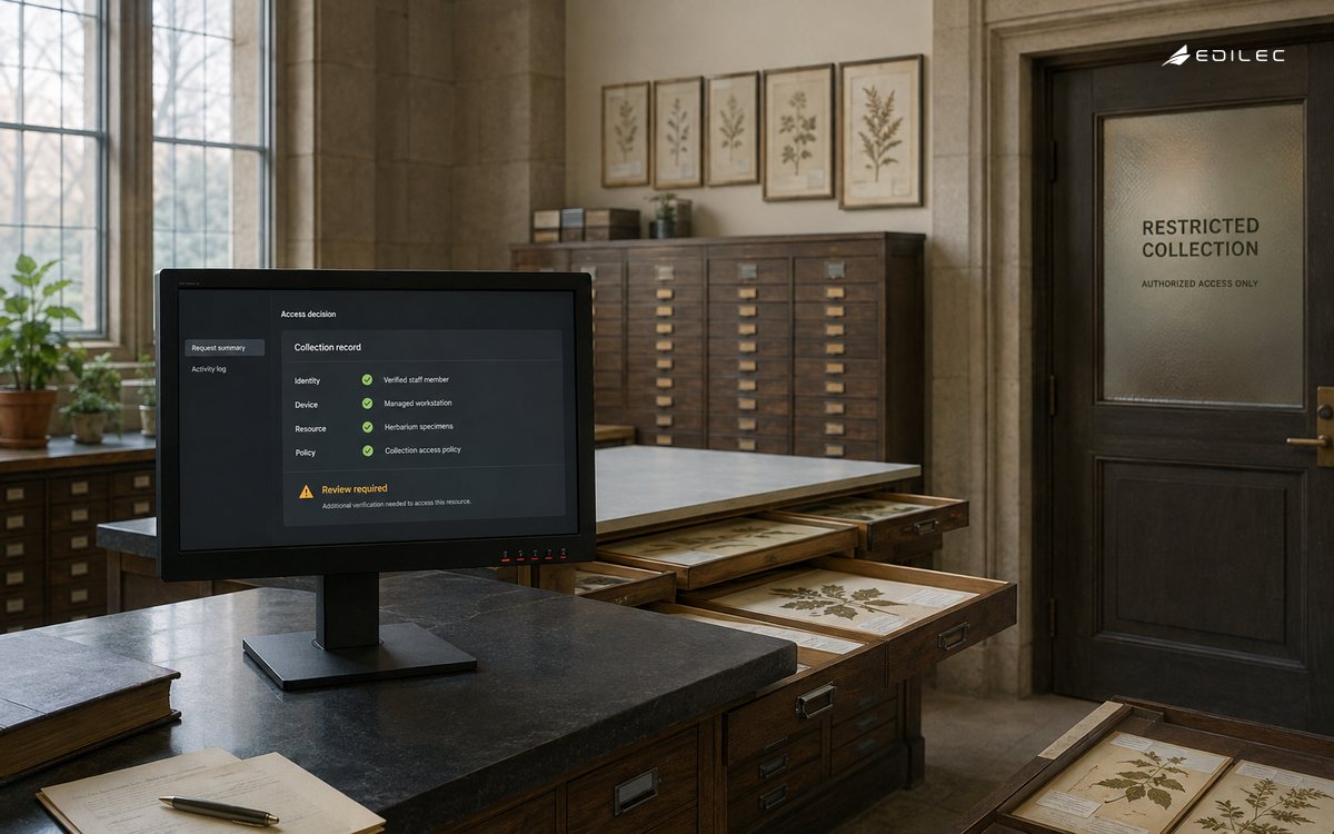 An archive access terminal requests review for a protected collection record.