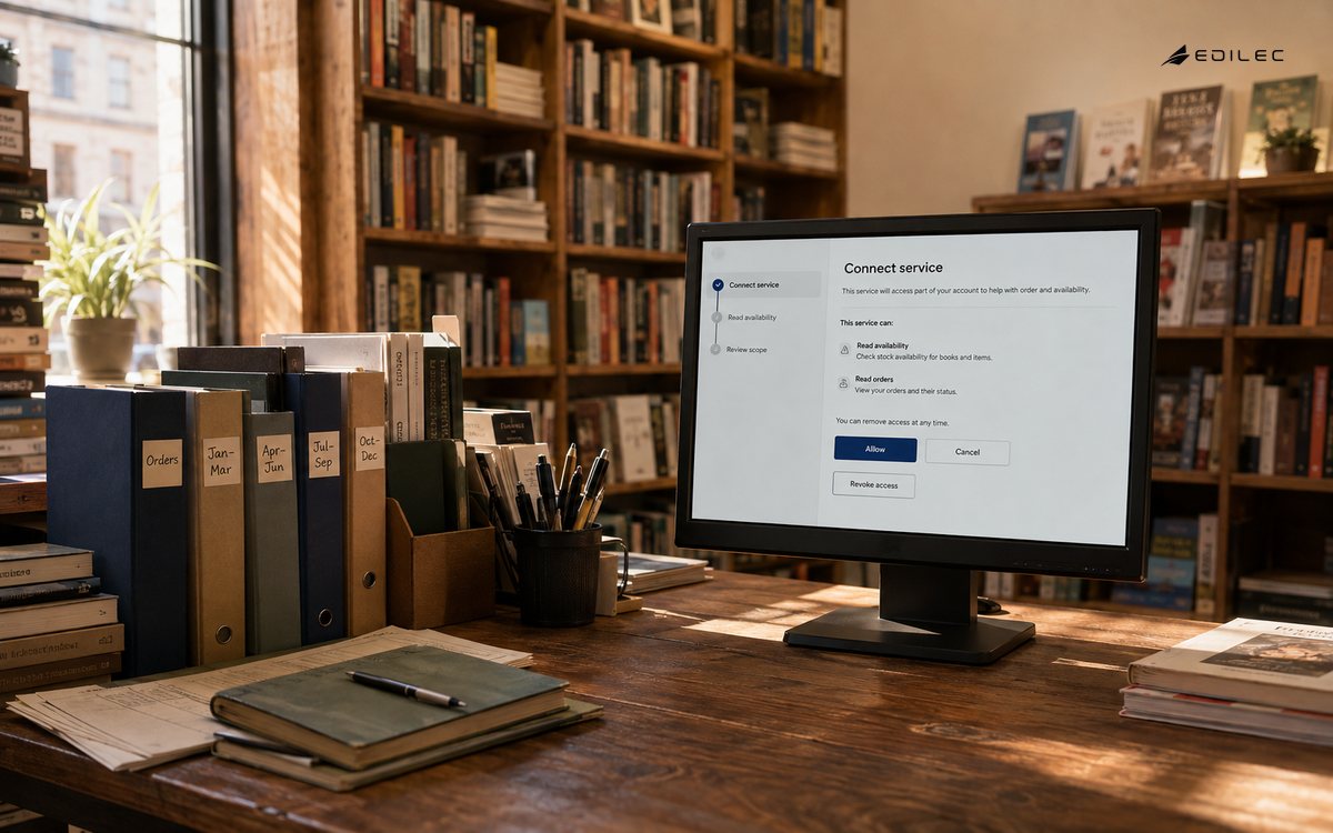 A bookshop service-connection screen presents limited permission and a clear cancellation option.
